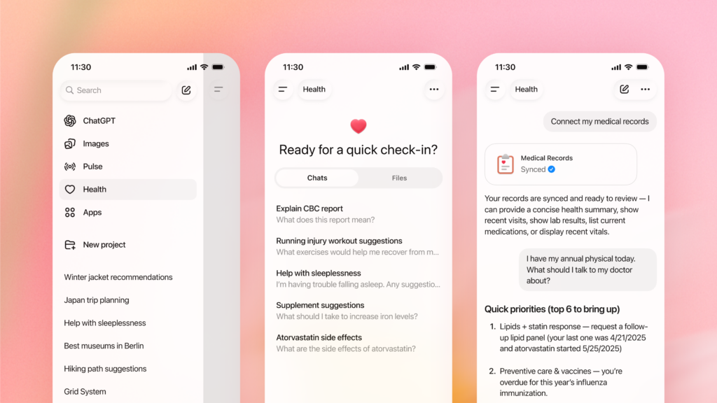 OpenAI lancia ChatGPT Health, una funzione integrata con Apple Health che offre consigli su benessere e salute garantendo la privacy dei dati.