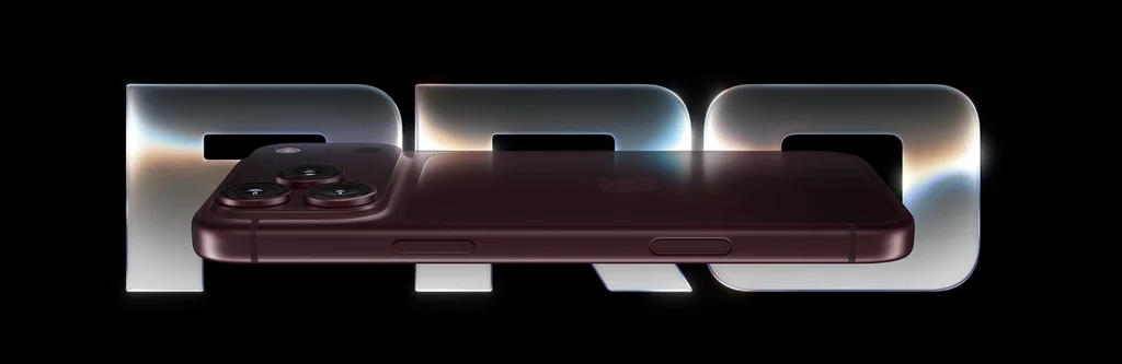 iPhone 18 Pro nella colorazione rosso scuro appoggiato sulla scritta PRO, immagine di presentazione Apple