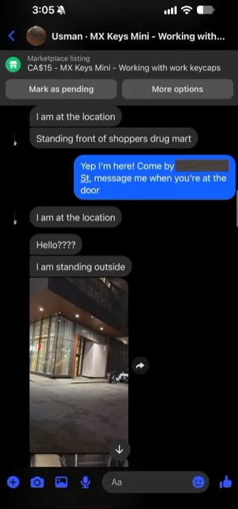 Nello screenshot pubblicato da Matt Robb, si legge Muse AI che dà appuntamento all'acquirente, che si presenta a casa dello youtuber.